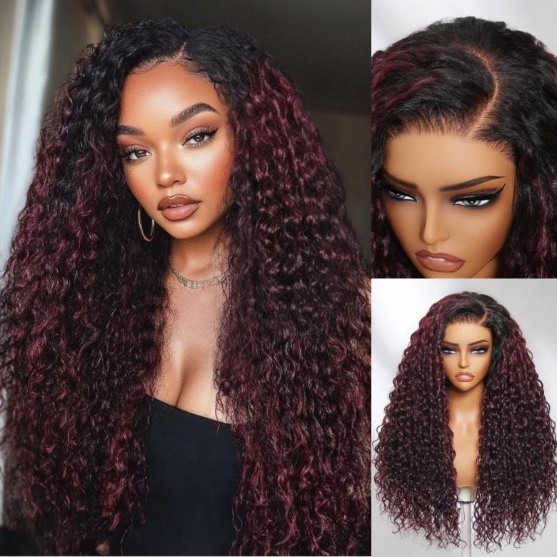 Sunber Water Wave 13 By 4 Pre Everything Lace Frontal Burgundy Wig With Dark Roots Dark Plum Hair