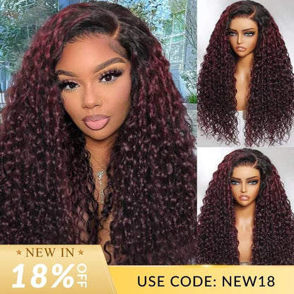 Sunber Water Wave 13 By 4 Pre Everything Lace Frontal Burgundy Wig With Dark Roots Dark Plum Hair