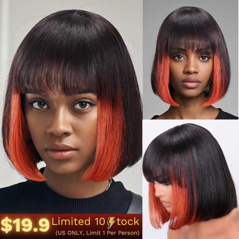 [$19.9 Wig]Sunber Straight Bob Wigs with Bangs Black with Highlights 100% Human Hair Wig Flash Sale(US ONLY,Limit 1 per person)