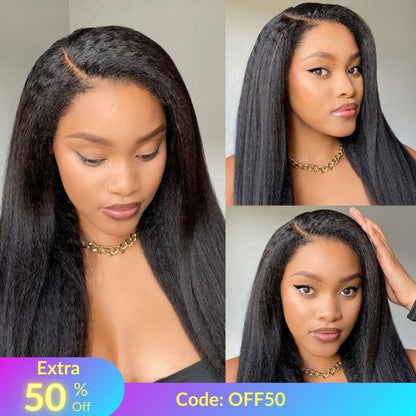 Extra 50% OFF | Sunber 4C Kinky Straight Lace Wig 7x5 pre cut Lace closure Human Hair Wigs With Baby Hair