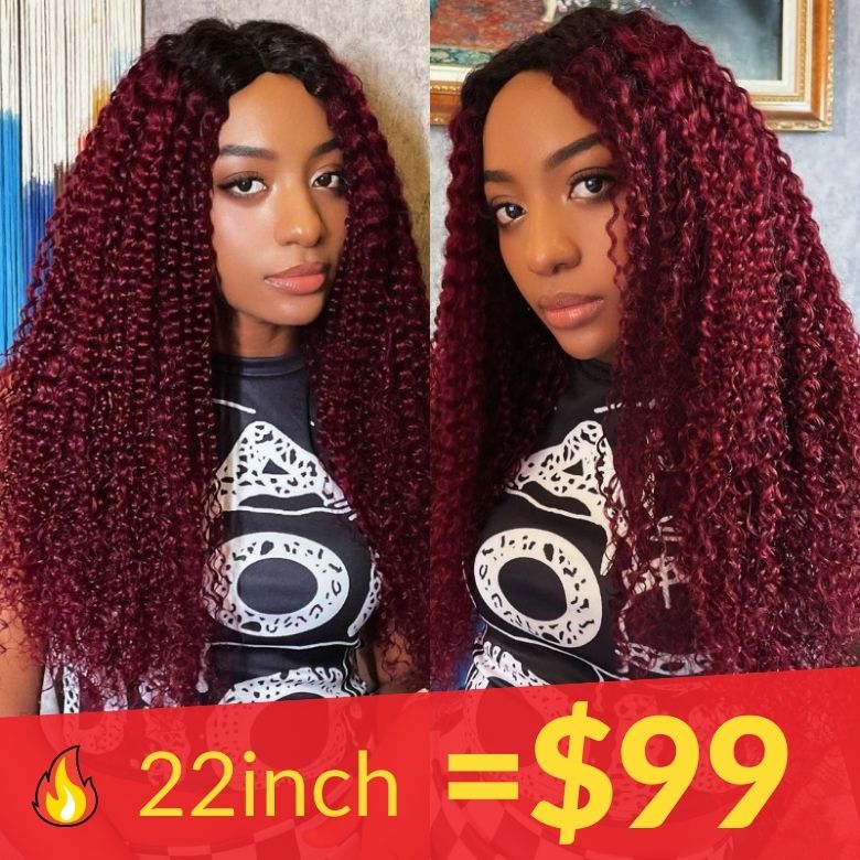 [22&quot;=$99]Flash Sale Sunber Ombre 99j Burgundy Colored Jerry Curly V Part Human Hair Wig