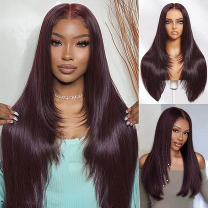 Sunber Black Cherry Long Layered Straight 13*4 Pre Everything Frontal Lace Dark Burgundy Hair Color Wig