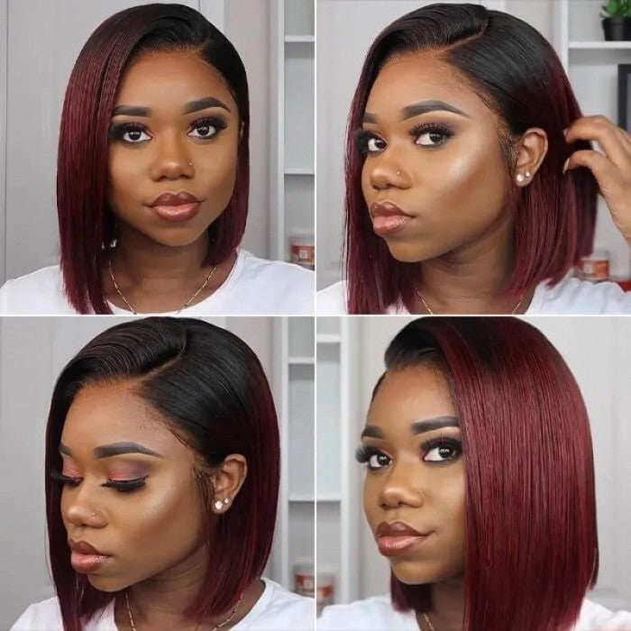 Sunber Bob Lace Wigs With Bangs 100% Human  Hair Wig Flash Sale Water Wave Wig/Red Highlight Bob Wig