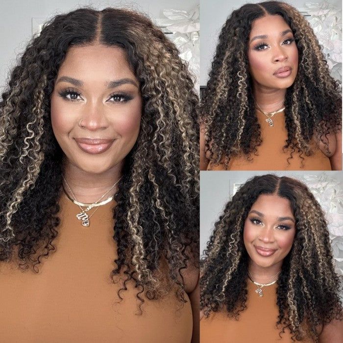 Sunber 7*5 Pre Cut Blonde Highlight Kinky Curly 180% Density Wig Pre-Plucked Flash Sale