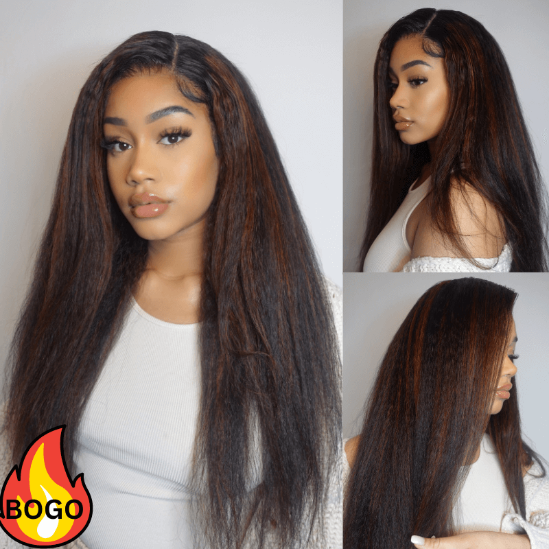 BOGO Sunber Reddish Brown Highlight 13x4 Lace Front Wig Kinky Straight Human Hair With Dark Roots