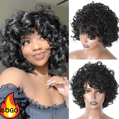 BOGO Sunber Fluffy Curls Short Human Hair Wigs with Bangs Glueless Pixie Cuts Wigs