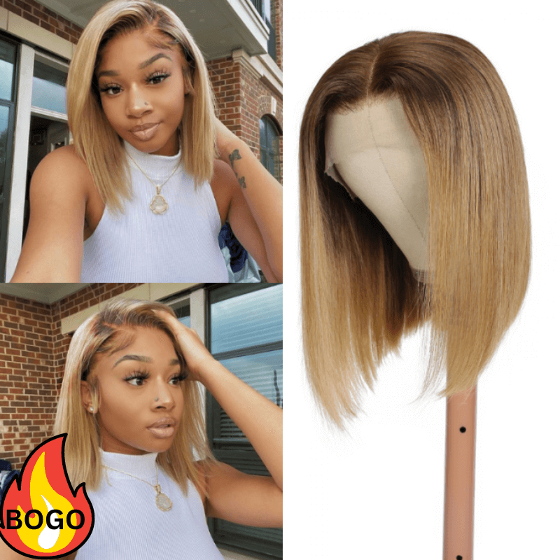 BOGO 180% Density Golden Blonde With Dark Roots T Part Lace Front Bob Wig Cost-effective Human Hair Wig