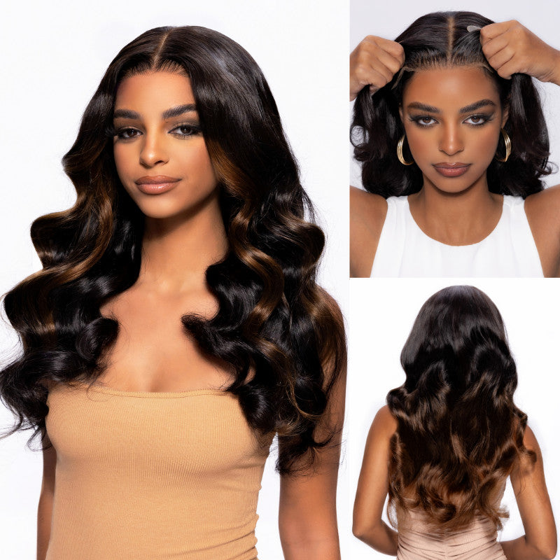 Sunber Bye Bye Knots Wig 7x5 Glueless Lace Black to Chestnut Brown Ombre Loose Wave Wig With Bleached Knots