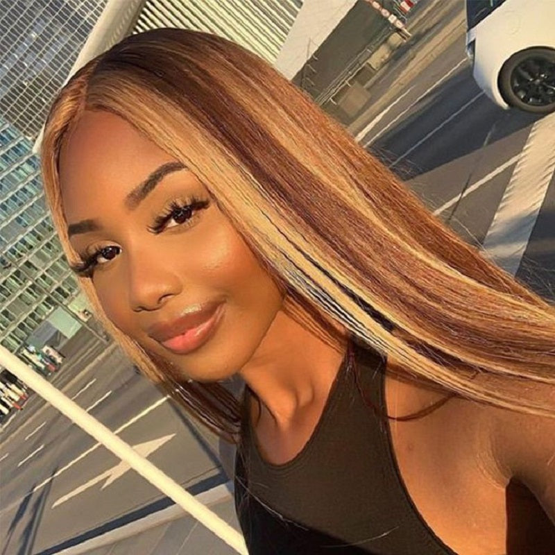 Sunber Honey Blonde Highlight 13x4 Lace Front Wig Kinky Straight Human Hair Flash Sale