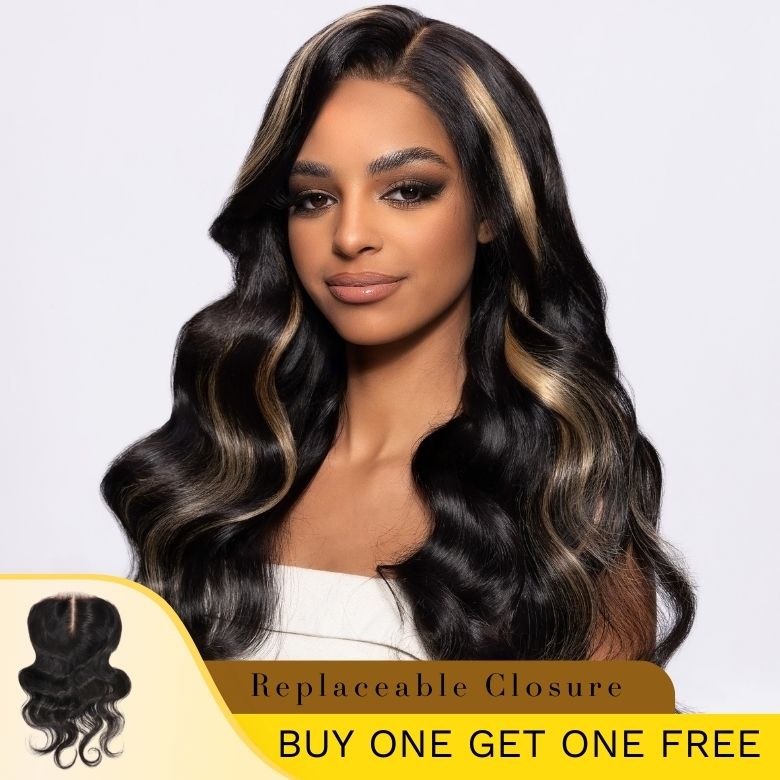 Flash Sale Sunber Chocolate Brown With Peek A Boo Blonde Highlights  Magic Lace Wig Buy 1 Get 1 Free Replaceable Top