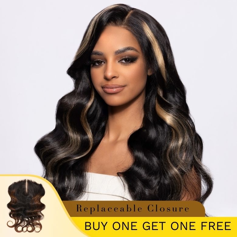 Flash Sale Sunber Chocolate Brown With Peek A Boo Blonde Highlights  Magic Lace Wig Buy 1 Get 1 Free Replaceable Top