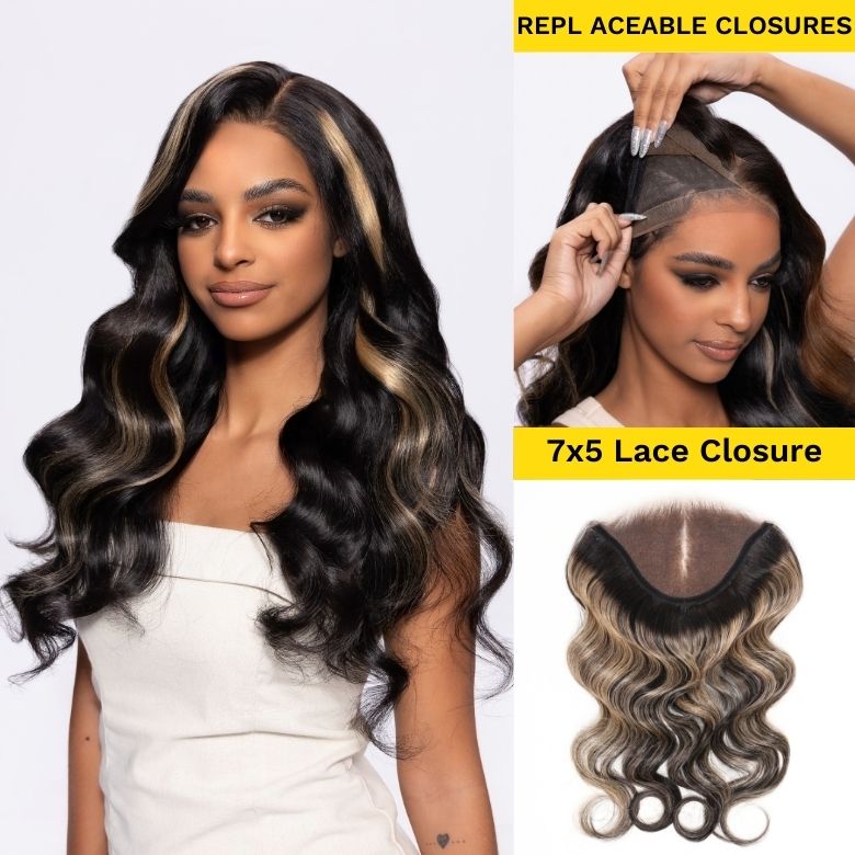 Flash Sale Sunber Chocolate Brown With Peek A Boo Blonde Highlights  Magic Lace Wig Buy 1 Get 1 Free Replaceable Top