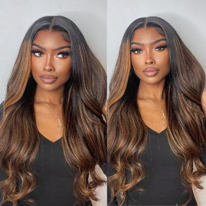 Sunber Glueless Balayage Highlight Body Wave Wigs With Dark Roots T Part Lace Front Wig 180% Density Flash Sale