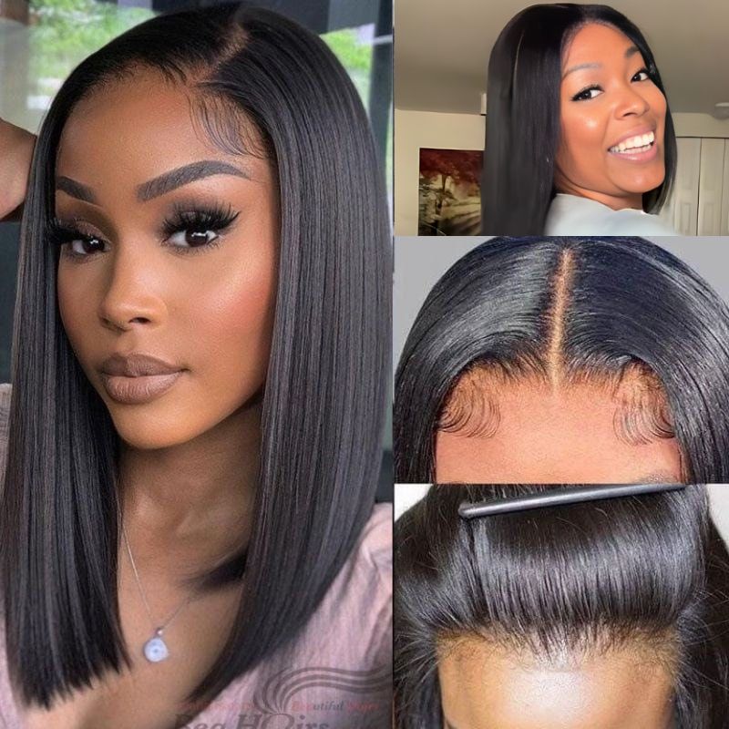 BOGO Sunber Yaki Straight Blunt Cut Bob Glueless 7*5 Pre-cut Lace Closure Wig And Breathable Cap