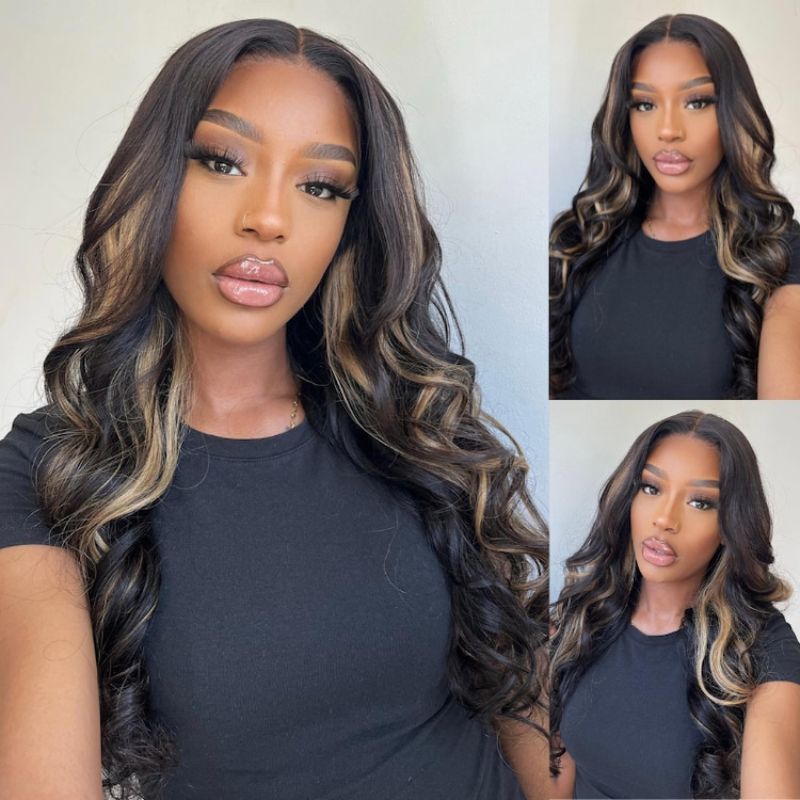 $100 OFF| Sunber 7x5 Pre-Cut Lace Chocolate Brown With Peek A Boo Blonde Highlights Bye Bye Knots Body Wave 13*4 Lace Frontal Wig