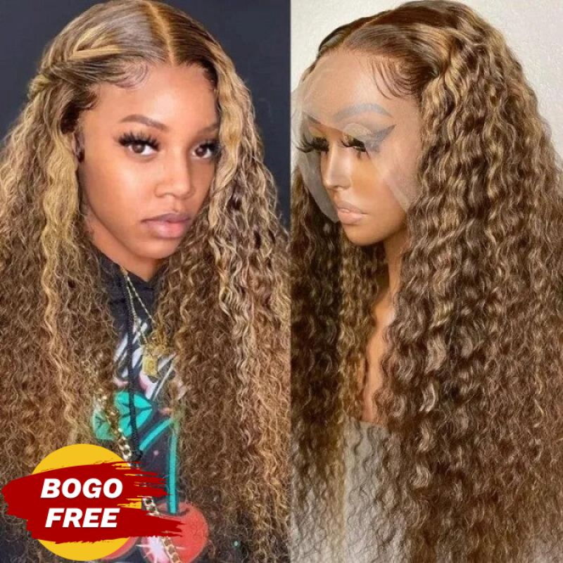 BOGO Sunber Jerry Curly Ombre Honey Blonde Highlight Lace Frontal Wigs