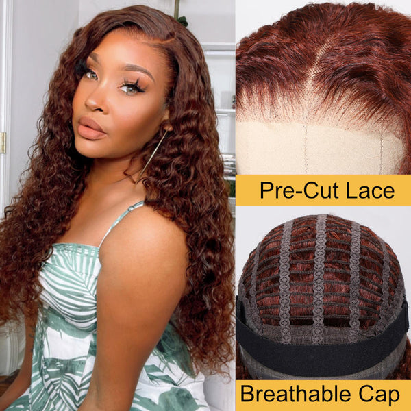 Sunber Reddish Brown Pre-Cut Lace 6*4.75 Closure Water Wave Wig Dark Auburn Copper Color Human Hair Glueless Wig Flash Sale