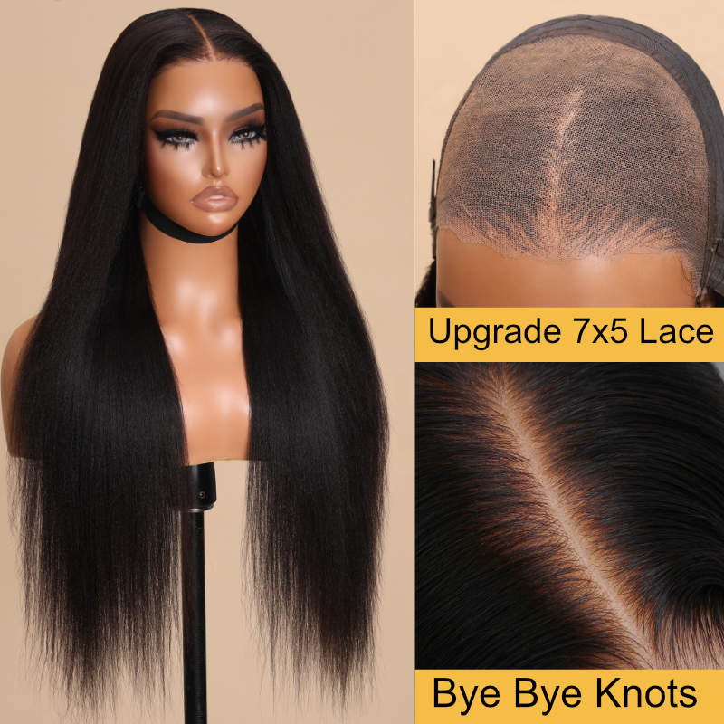 $100 Off |Sunber Yaki Straight Glueless 7x5 Bye Bye Knots Pre-cut Closure Wig With Bleach Knots