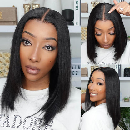 BOGO Sunber Yaki Straight Blunt Cut Bob Glueless 7*5 Pre-cut Lace Closure Wig And Breathable Cap