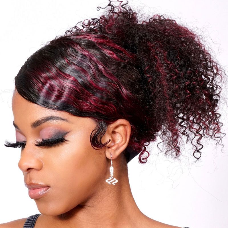 Flash Sale Sunber 180% Density 13x4 Lace Front Dark Burgundy With Rose Red Highlights Curly Wig