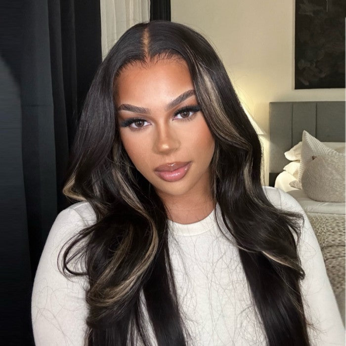 Sunber Chocolate Brown With Peek A Boo Blonde Highlights Lace Front Body Wave Wig