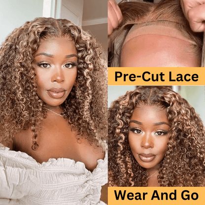 $100 OFF Sunber Honey Blonde Highlight 100% Human Hair Lace Front Curly  Wigs