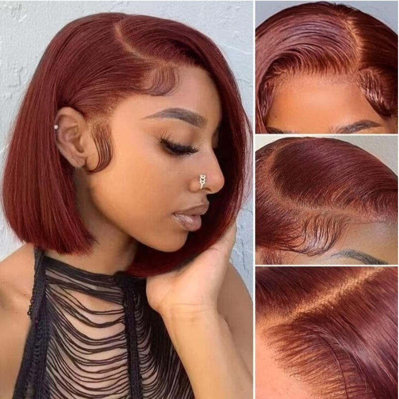 Sunber Red Brown Blunt Cut Short Bob Wig Dark Auburn Color 7x5 Bye Bye Konts Pre Plucked