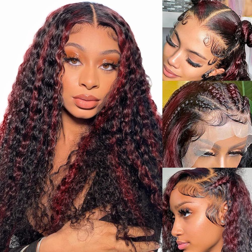 Flash Sale Sunber 180% Density 13x4 Lace Front Dark Burgundy With Rose Red Highlights Curly Wig