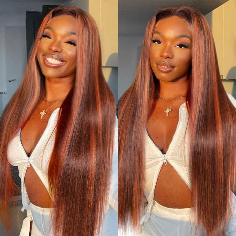 Flash Sale Sunber Kinky Straight Ginger Copper Red Highlight 13x4 Pre Everything Lace Front Wigs