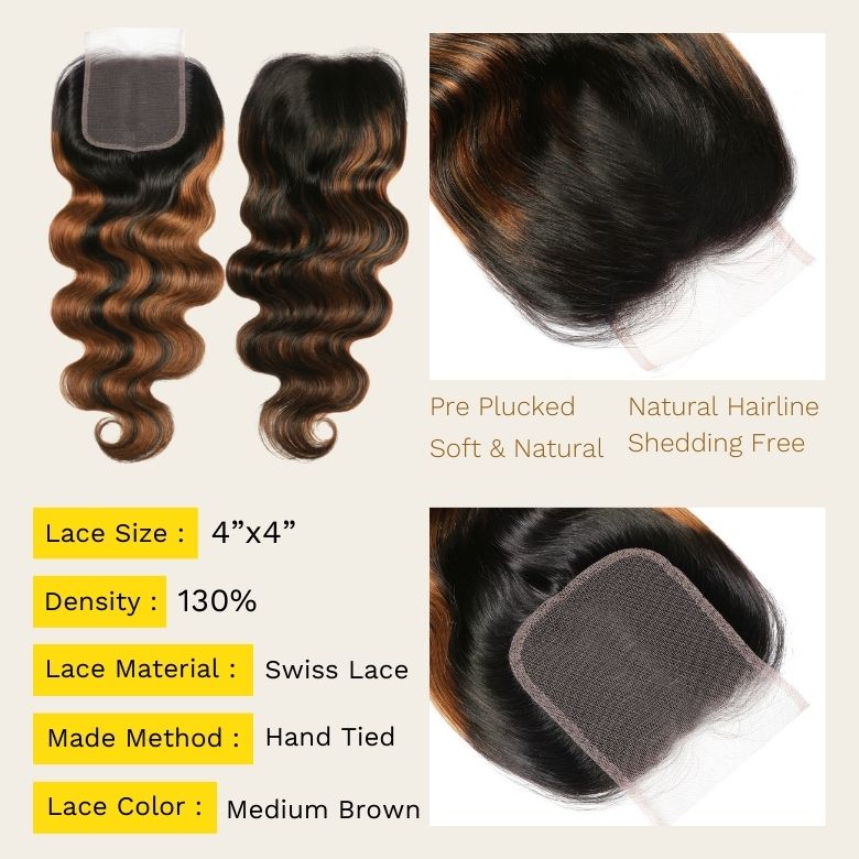 Sunber  Highlight Balayage Color Body Wave 3 Bundles Weaves with 4x4 Lace Closure Virgin Human Hair