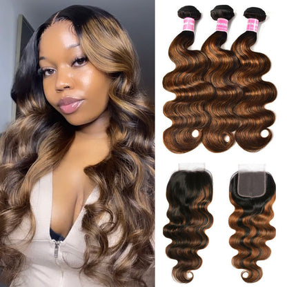 Sunber  Highlight Balayage Color Body Wave 3 Bundles Weaves with 4x4 Lace Closure Virgin Human Hair