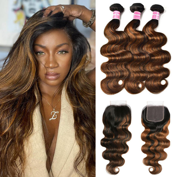 Sunber  Highlight Balayage Color Body Wave 3 Bundles Weaves with 4x4 Lace Closure Virgin Human Hair
