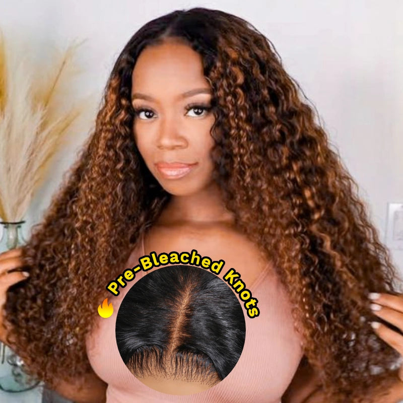 Flash Sale Sunber 7x5 Bye Bye Knots Balayage Highlight Full Curly Pre Cut Lace Closure Wig With Bleached Knots