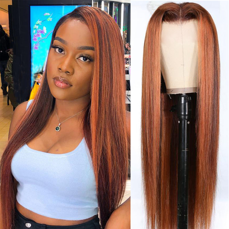 Long straight Copper red Human Hair Blend Front Lace Daily Wig hot rotating parting