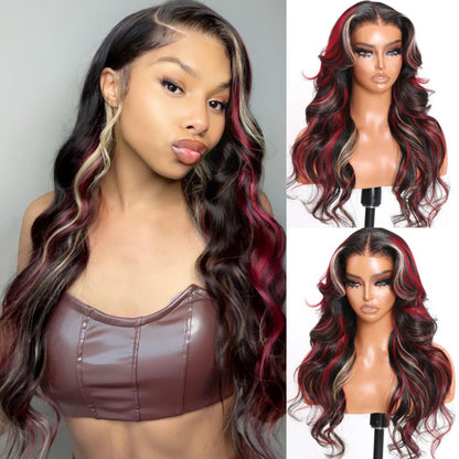 Sunber Hair  Blonde Red Highlights Body Wave 7x5 Bye Bye Knots With Multi Color Highlights Human Hair