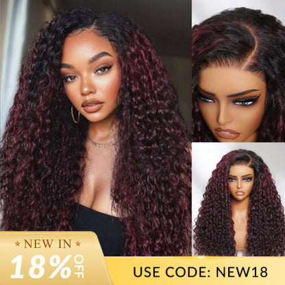 Sunber Water Wave 13 By 4 Pre Everything Lace Frontal Burgundy Wig With Dark Roots Dark Plum Hair