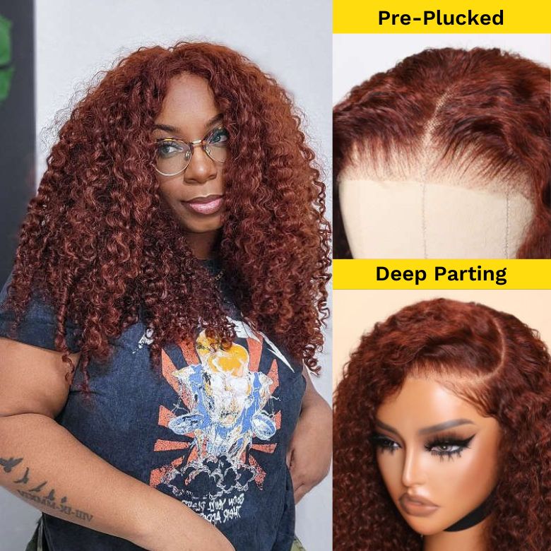 Flash Sale Sunber Reddish Brown Jerry Curly 7×5 Pre Cut Upgrade Bye Bye Knots Human Hair Wigs