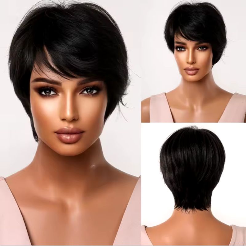 Sunber Natural Black Glueless Straight Short Pixie Cut for Women Machine Made Hair Wig