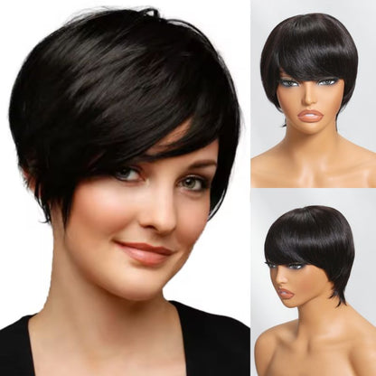 Sunber Natural Black Glueless Straight Short Pixie Cut for Women Machine Made Hair Wig