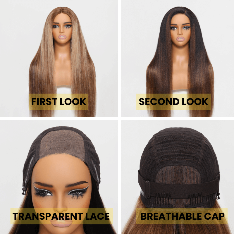 Sunber Flip &amp; Go yaki straight honey blonde highlights/ black to chestnut brown ombre Lace Wig