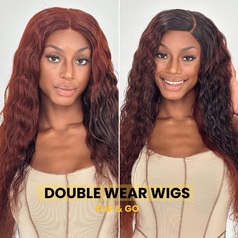 Sunber Flip &amp; Go Rosy Black Cherry/ Reddish Brown Ombre Lace Loose Deep Wave Wig