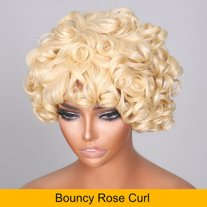 Flash Sale Sunber Bouncy Rose Curl Short Bob Wig With Bangs Natural Black Human Hair Glueless Wear And Go Wigs