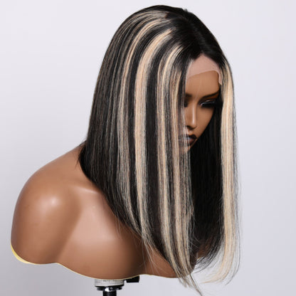 Sunber Black with blonde highlight lob With Dark Roots Straight Human Hair Middle Part Lace Closure Bob Wigs With Babylights