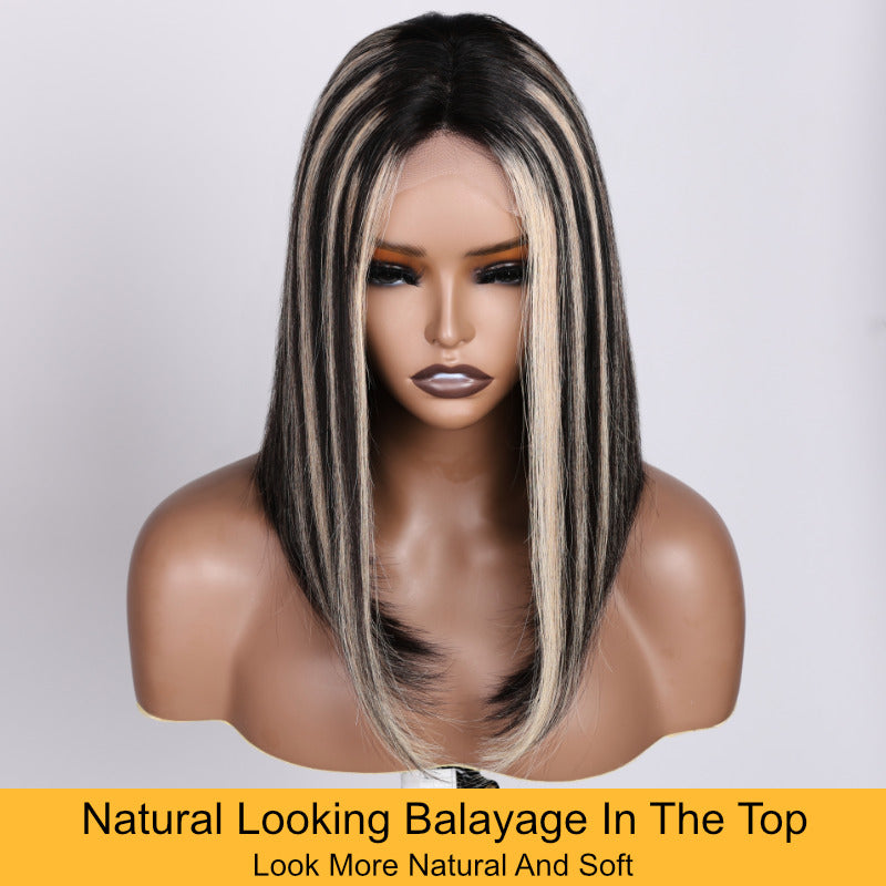 Sunber Black and blonde stripes BOB With Dark Roots Straight Human Hair Middle Part Lace Closure LOB Wigs With Babylights