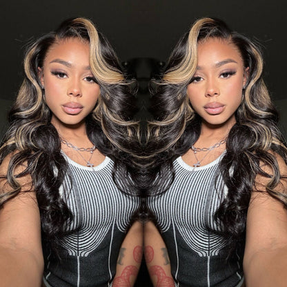 Sunber Chocolate Brown With Peek A Boo Blonde Highlights 7x5 Bye Bye Knots Body Wave Wig