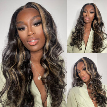 Sunber Chocolate Brown With Peek A Boo Blonde Highlights 7x5 Bye Bye Knots Body Wave Wig