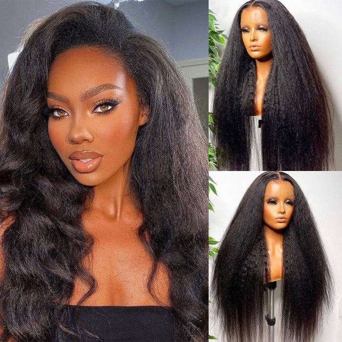 Extra 50% OFF | Sunber 4C Kinky Straight Lace Wig 7x5 pre cut Lace closure Human Hair Wigs With Baby Hair