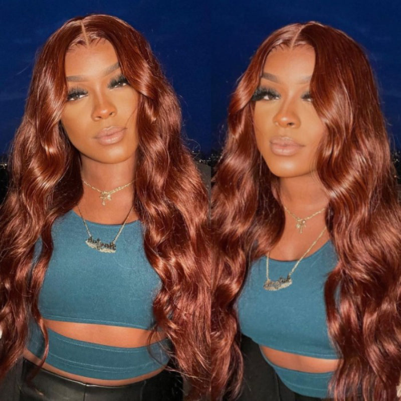 Sunber Pre Cut Lace Reddish Brown Body Wave Wigs Pre Plucked Human Hair Colored Wigs