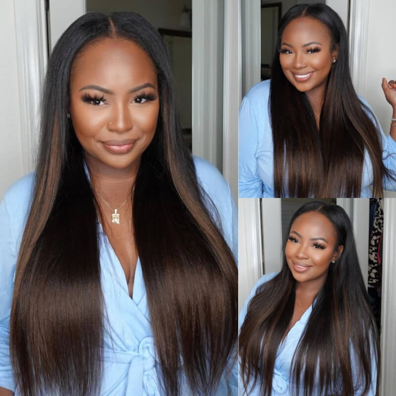 Sunber Chestnut Brown Yaki Straight Wig Upgrade New V Part Wig No Leave Out