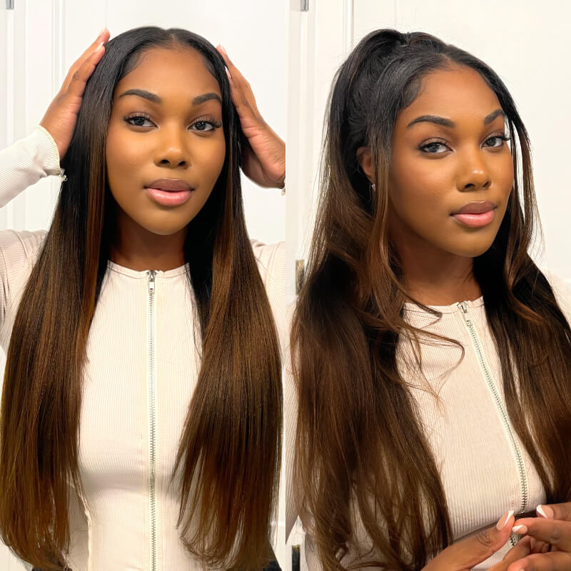 Sunber Chestnut Brown Yaki Straight Wig Upgrade New V Part Wig No Leave Out